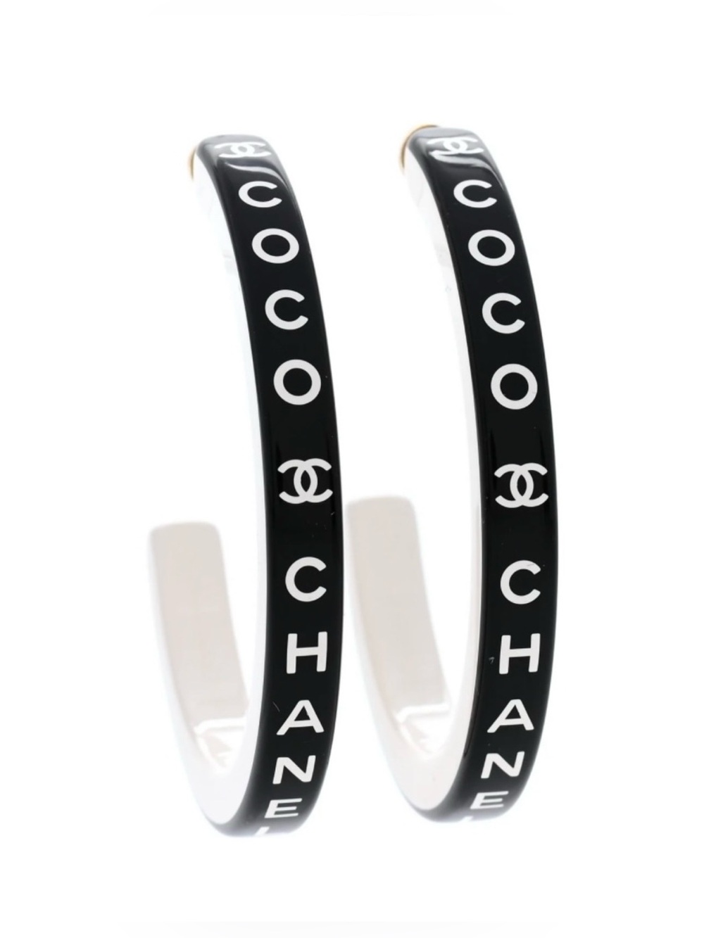 NEW CHANEL Black + White Resin COCO CHANEL Logo 1/2 Moon Large Hoop Earrings NIB